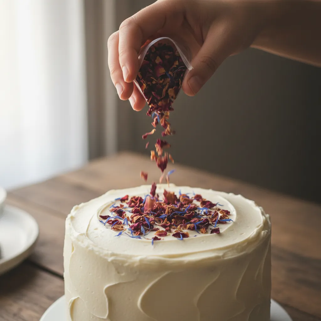 Hand sprinkling dried edible flower petals on a white cake for a boho look