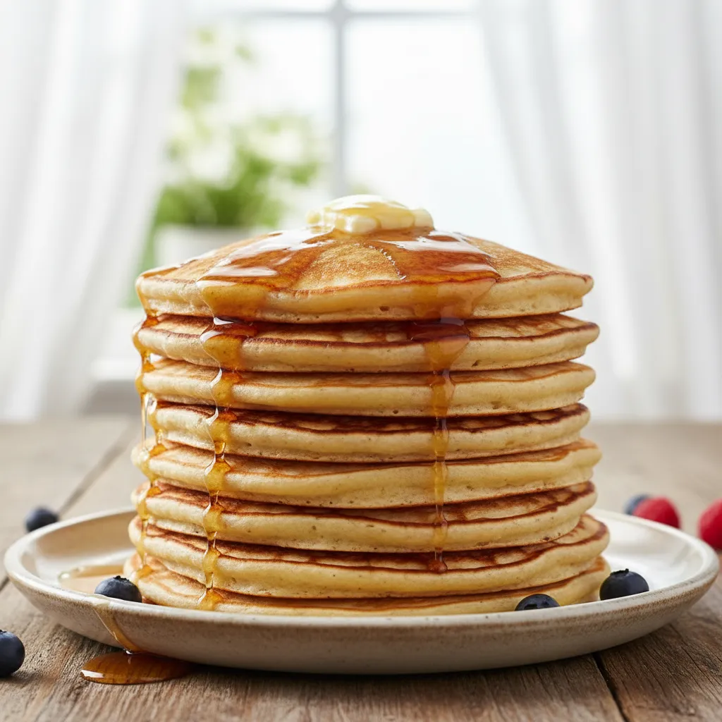 Tall stack of fluffy pancakes with butter and syrup