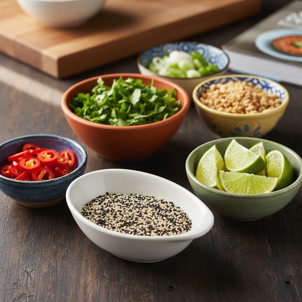 Bowls of sesame seeds and lime wedges for garnishing beef stir-fry