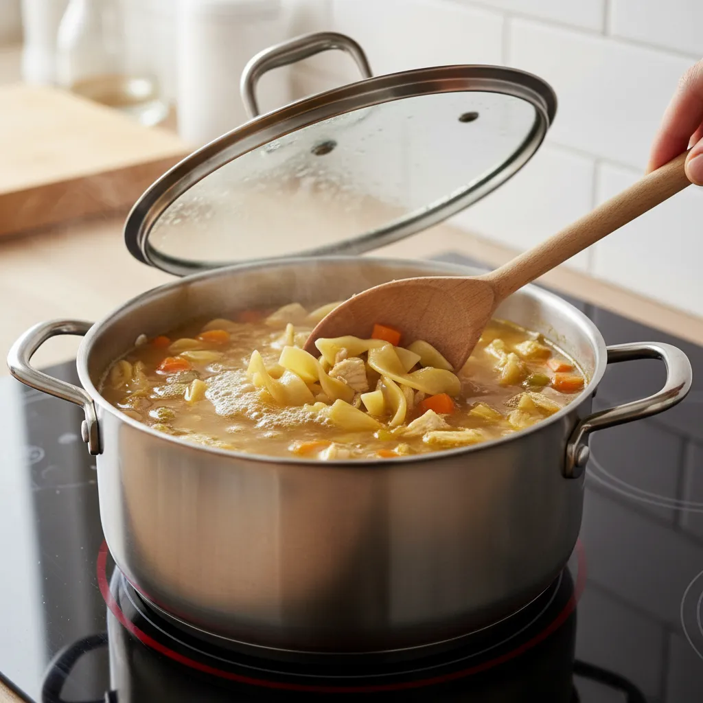 Stirring newly added liquid into a simmering pot of soup