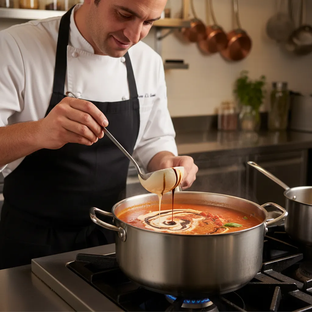 Stirring cream and vinegar into a pot of tomato soup