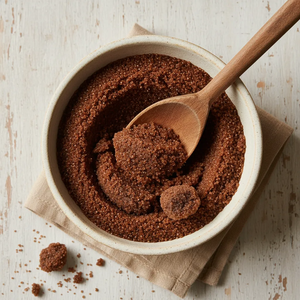Stirring warmed brown sugar in a bowl to cool and prevent hardening