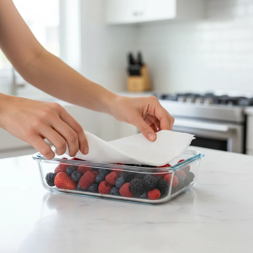 Step by step process of storing fresh berries with paper towels