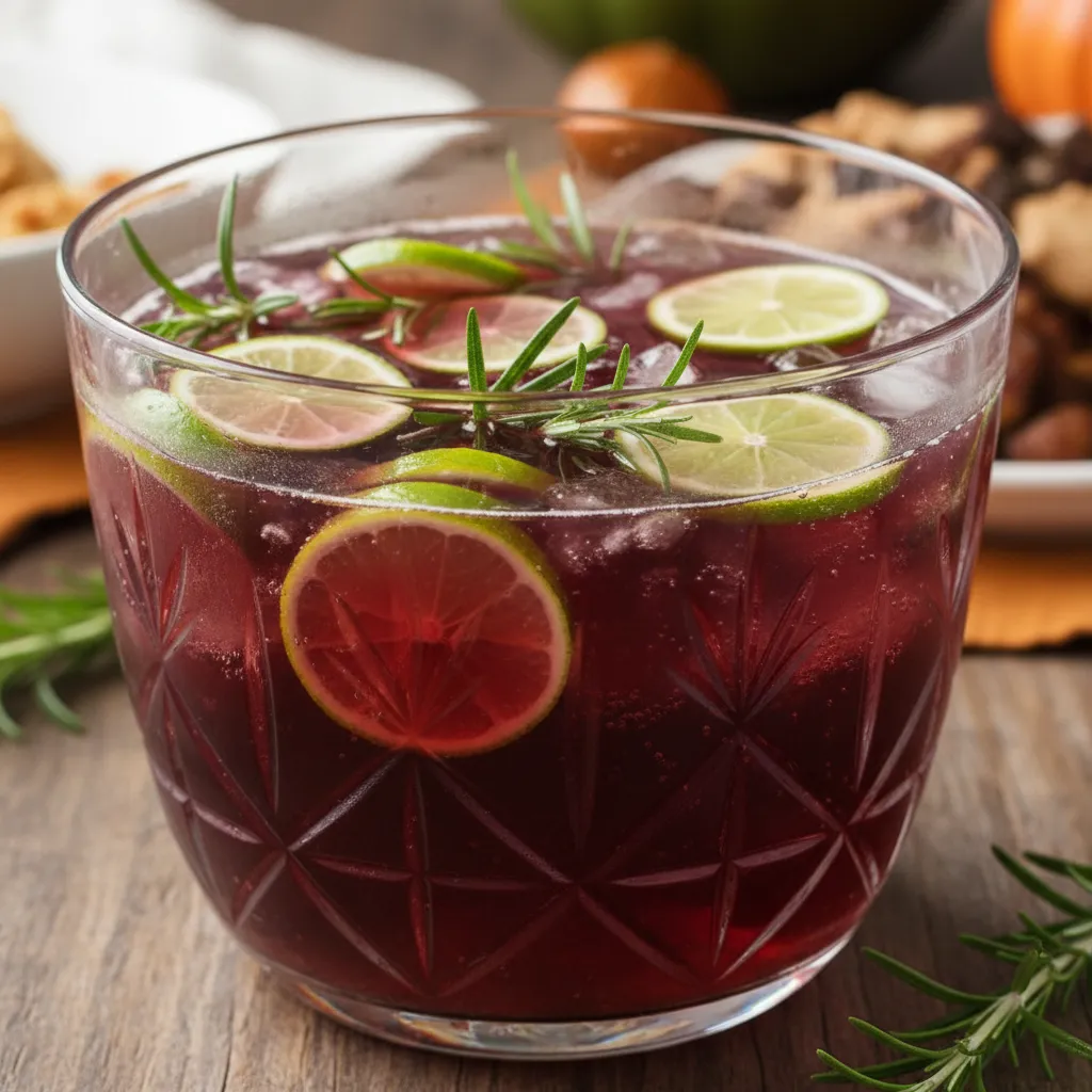 A deep red sugar-free pomegranate and ginger ale punch with lime garnishes.