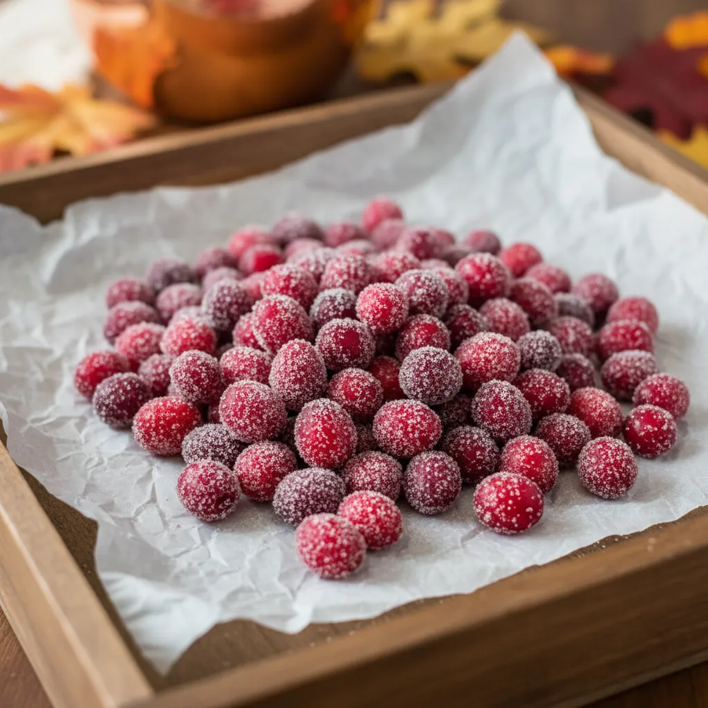 Tray of sugared cranberries as a garnish