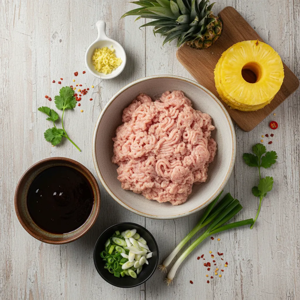 Fresh ingredients for making pineapple teriyaki ground chicken burgers