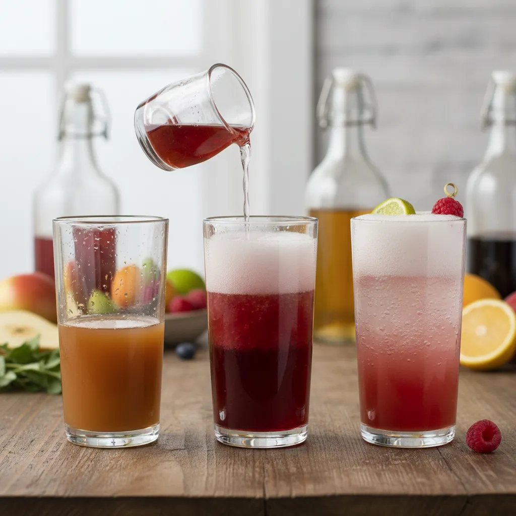 Three glasses illustrating the proportions of a mocktail formula