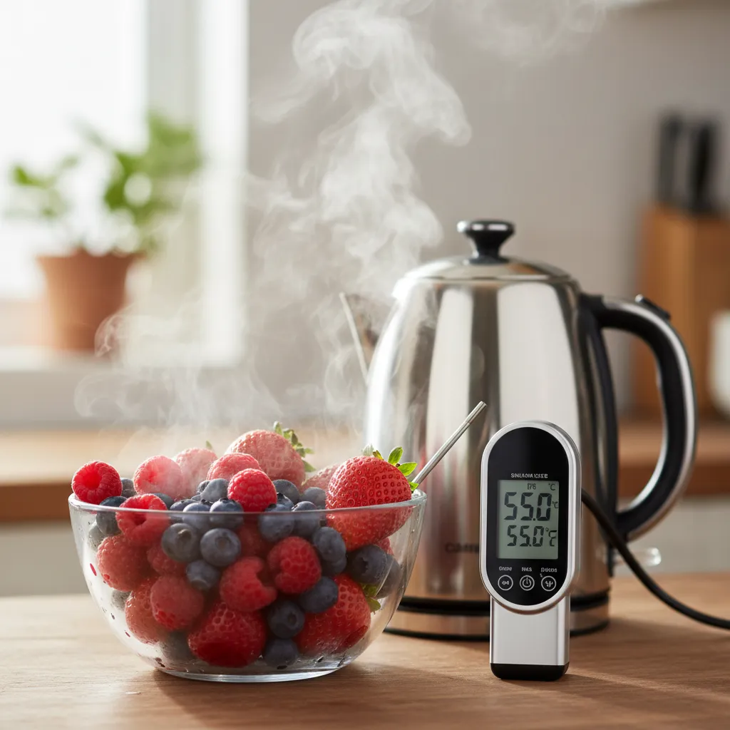 Fresh berries and thermometer ready for hot washing