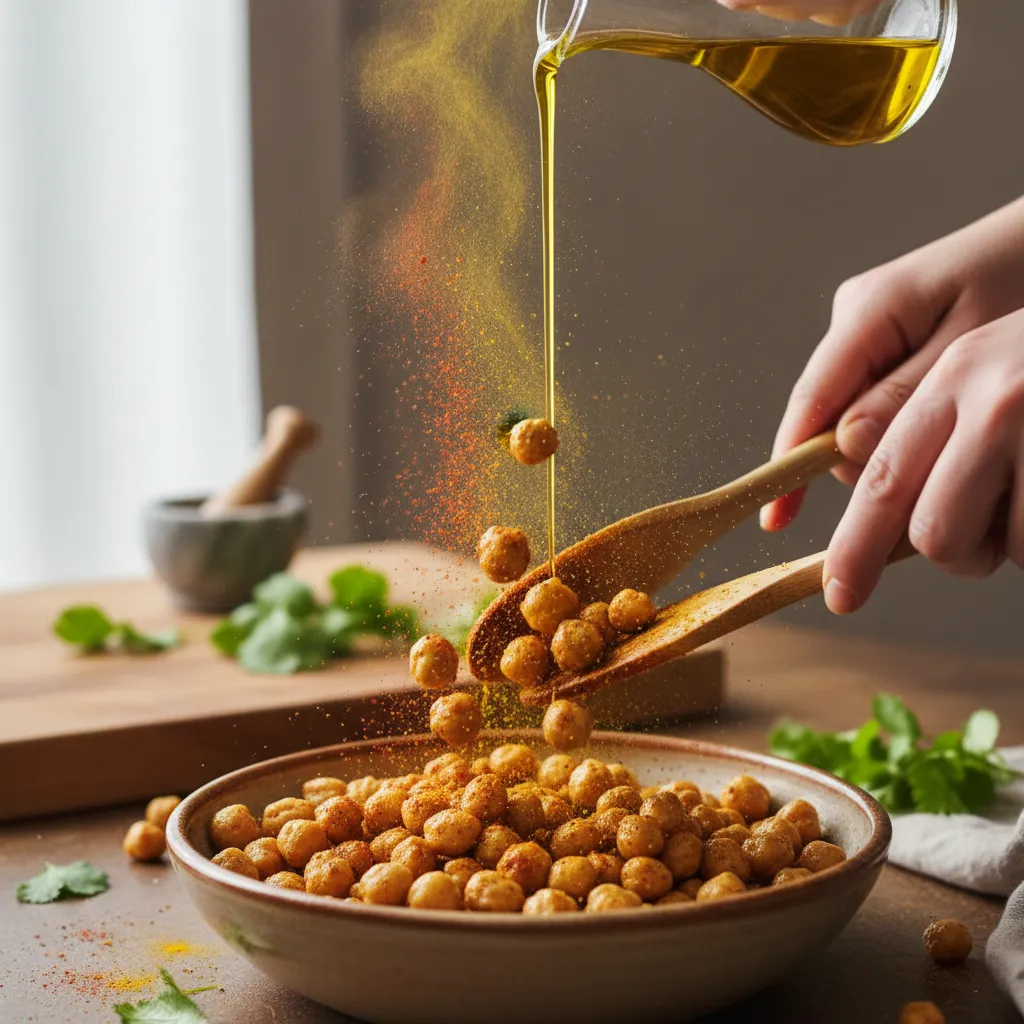 Freshly roasted chickpeas being tossed with spices and olive oil in a metal bowl