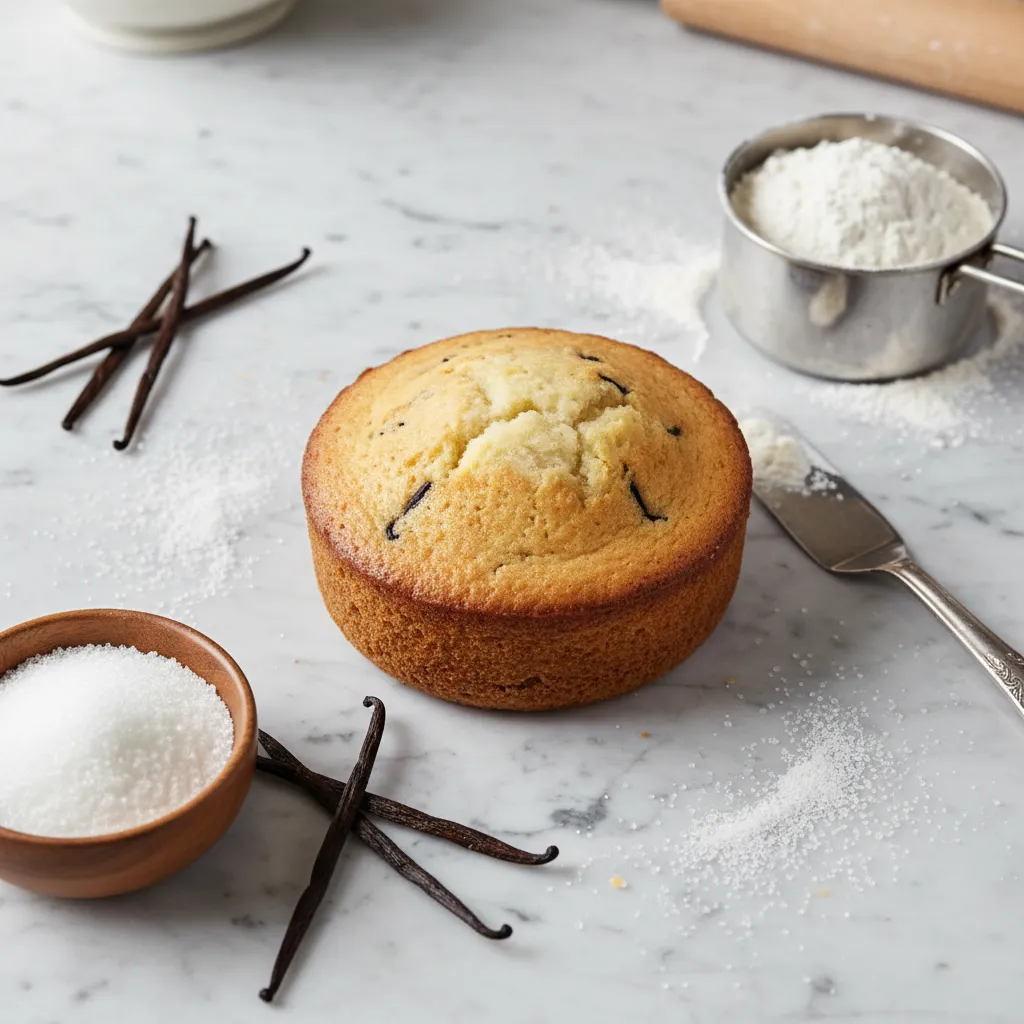 Small vanilla bean cake used for the real top tier of a faux wedding cake