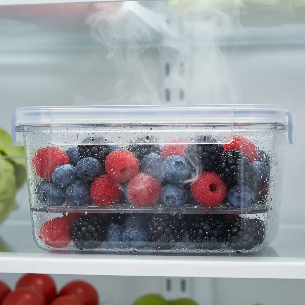 Clear ventilated container keeping berries fresh in the fridge