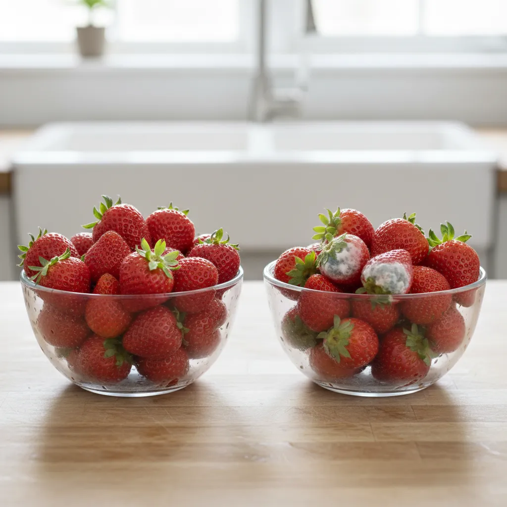 Comparing fresh berries washed in vinegar versus plain water