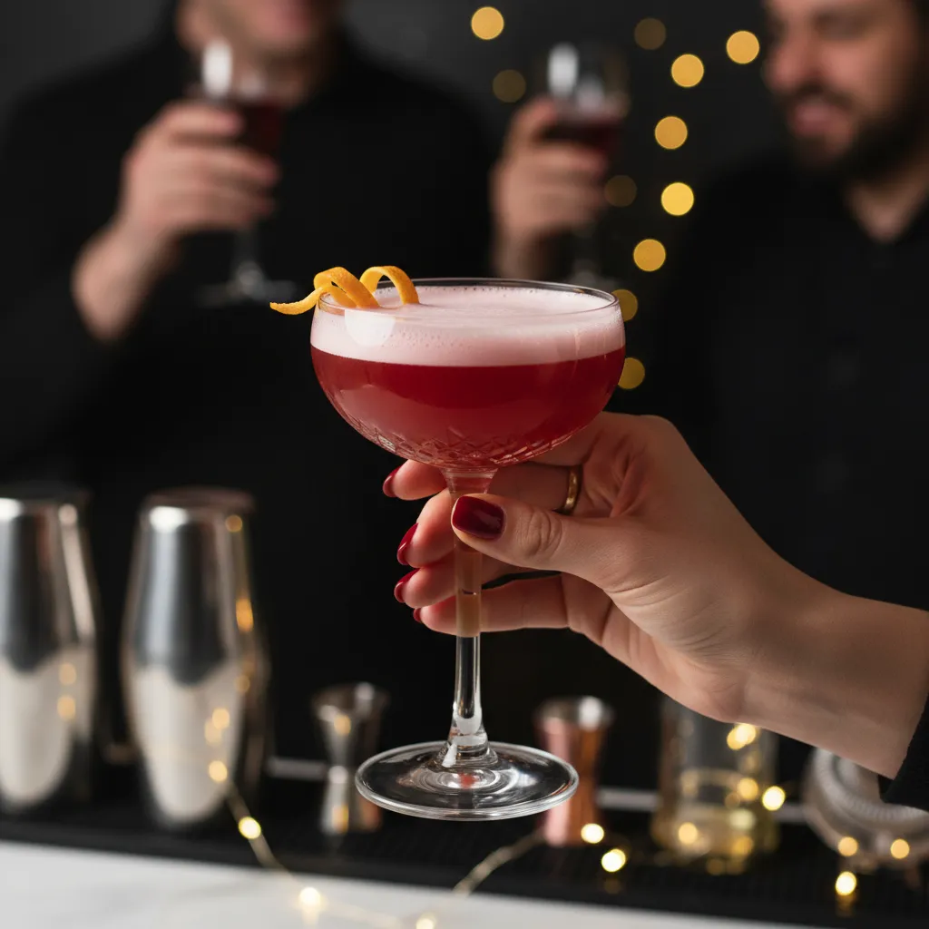 Rounded coupe glass filled with pink mocktail held in hand showing vintage glamour style