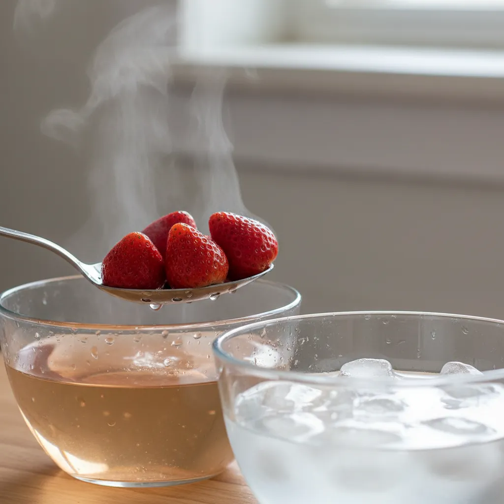 Berries being transferred from hot water to an ice bath
