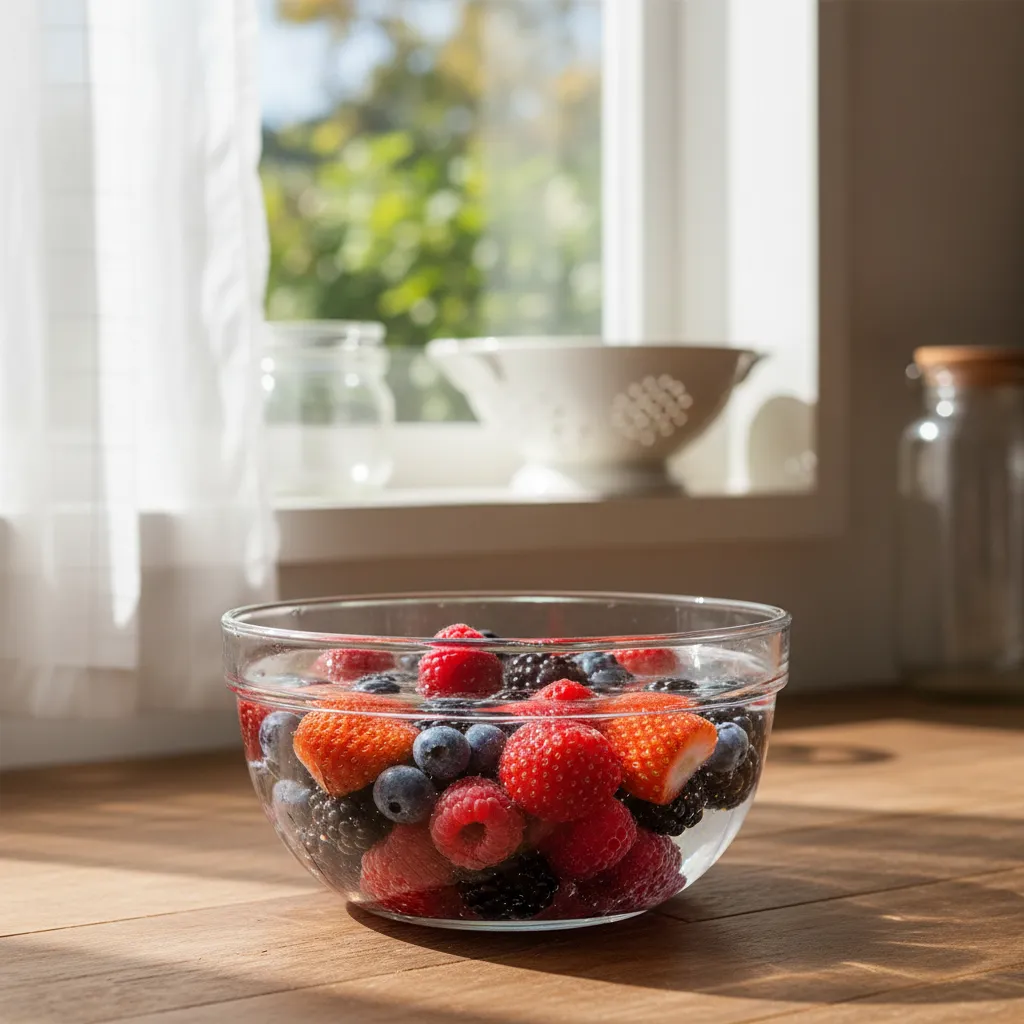 Fresh berries soaking in a cleansing water bath