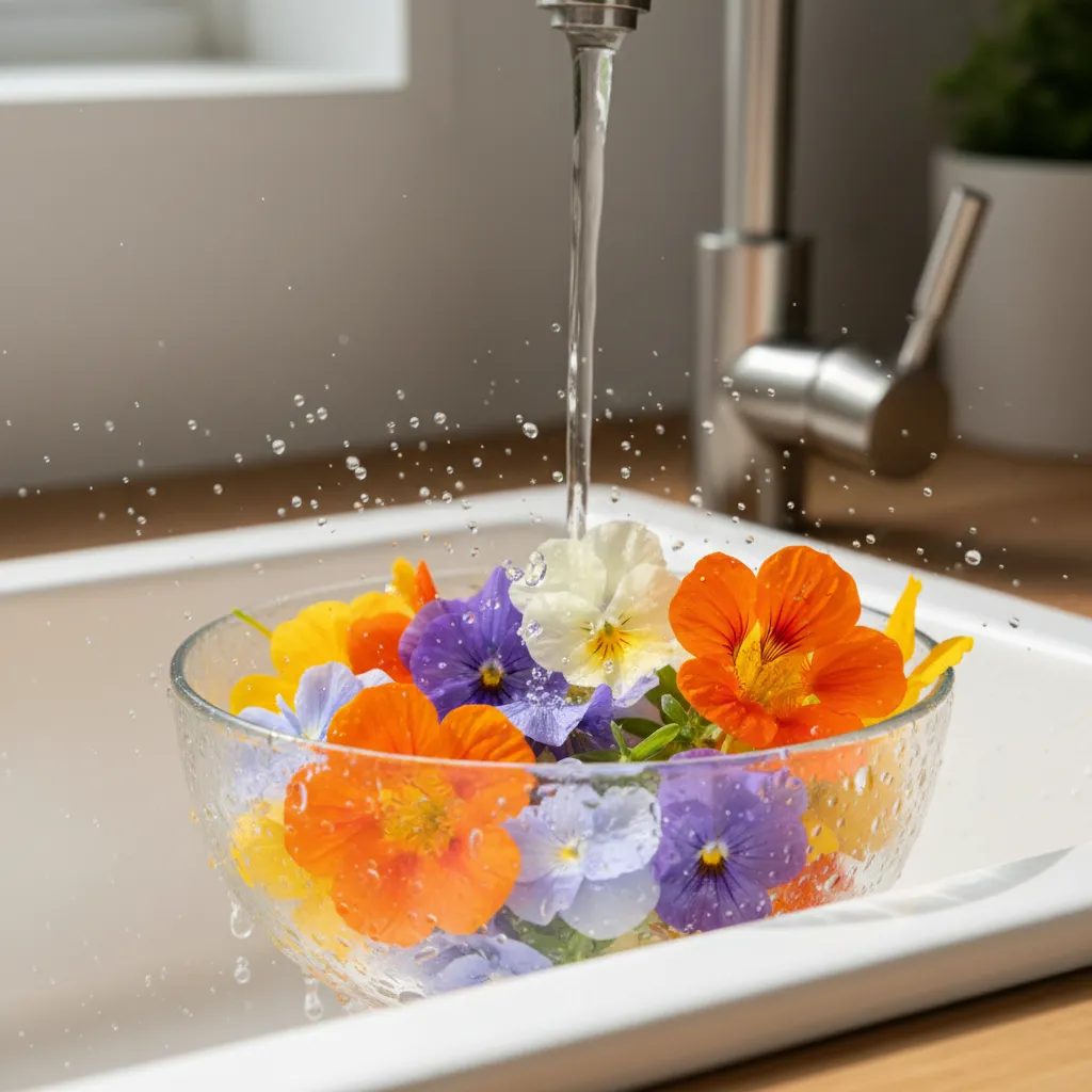 Rinsing fresh organic edible flowers in a glass bowl to remove dirt and insects