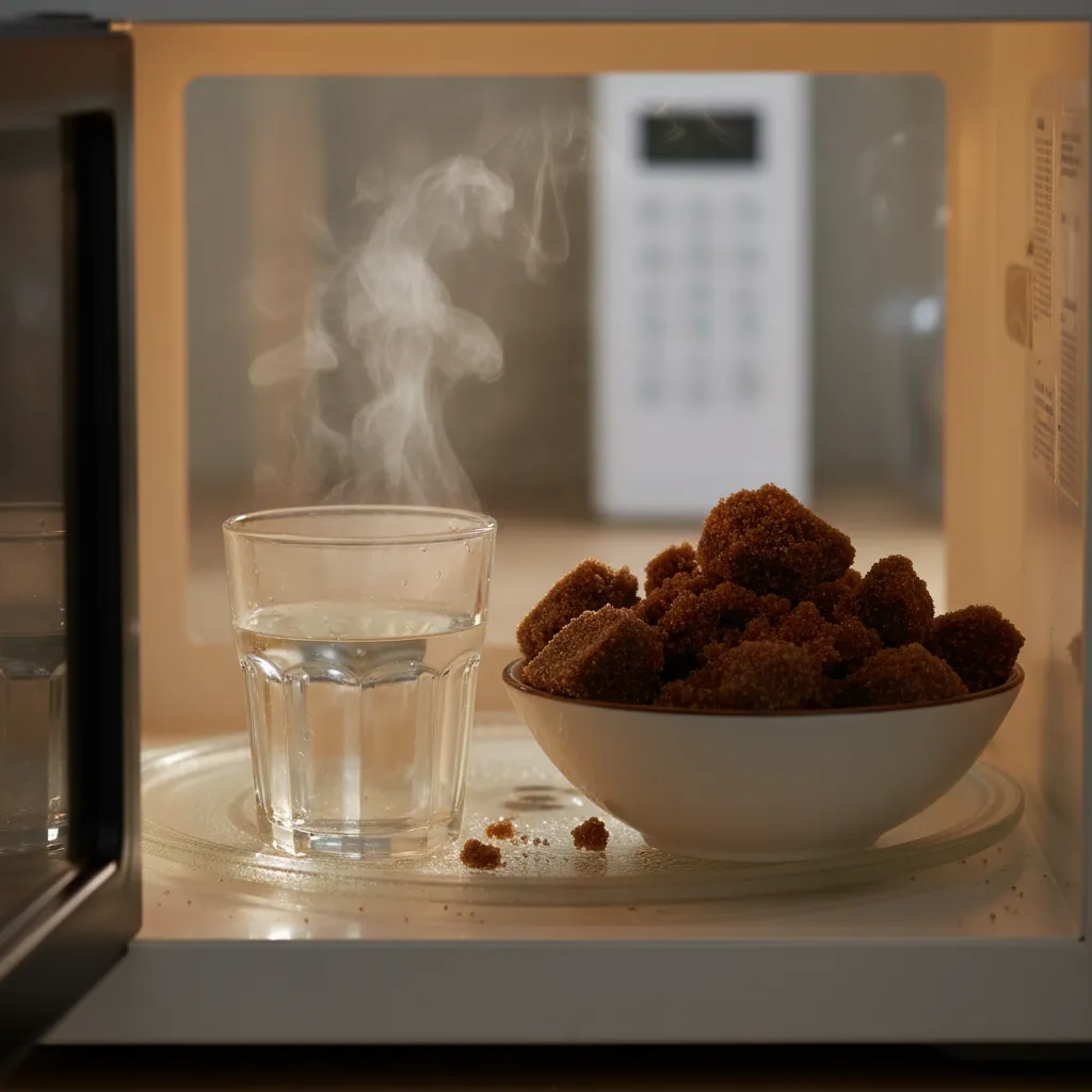 A glass of water next to a bowl of hard brown sugar in the microwave