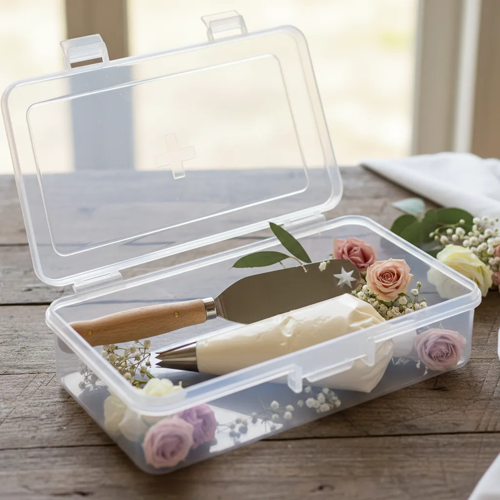 Small emergency repair kit for wedding cakes with icing and tools