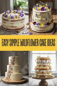 A rustic sponge cake decorated with colorful edible pansies and violas on a wooden table.