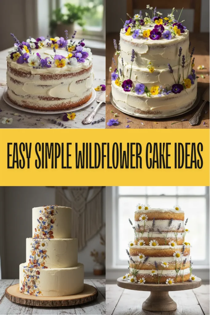 A rustic sponge cake decorated with colorful edible pansies and violas on a wooden table.