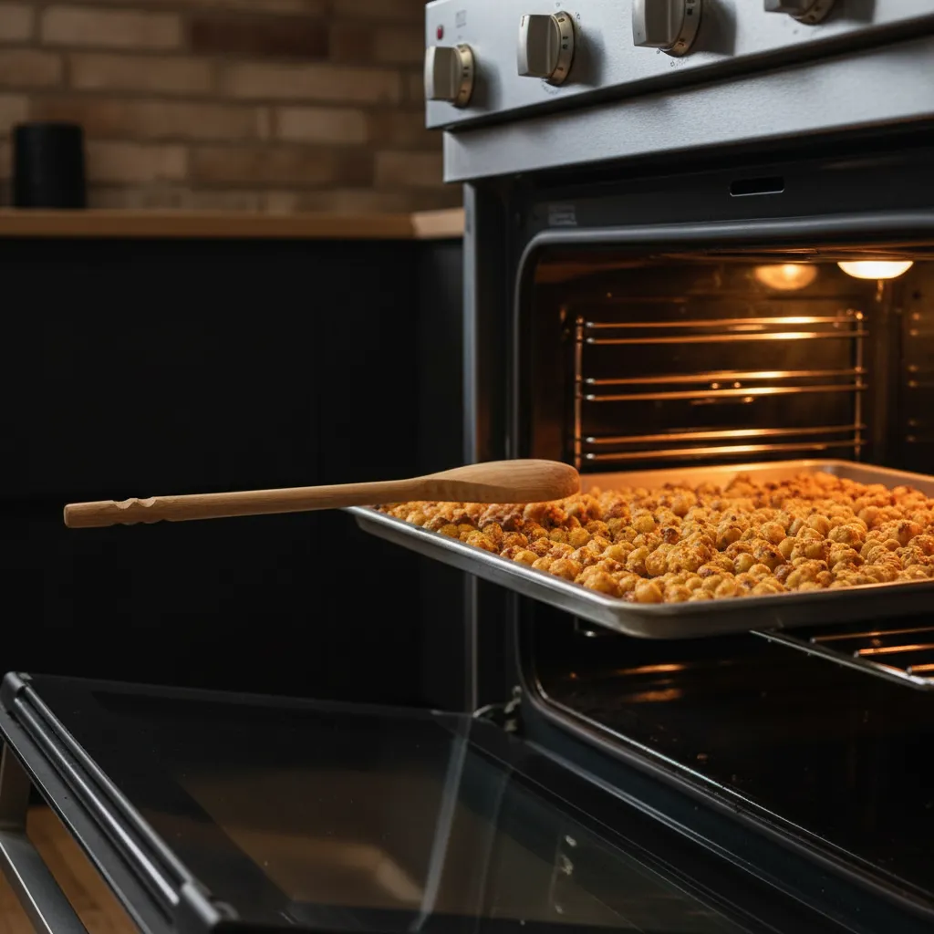 Oven door slightly open with a baking sheet of roasted chickpeas inside