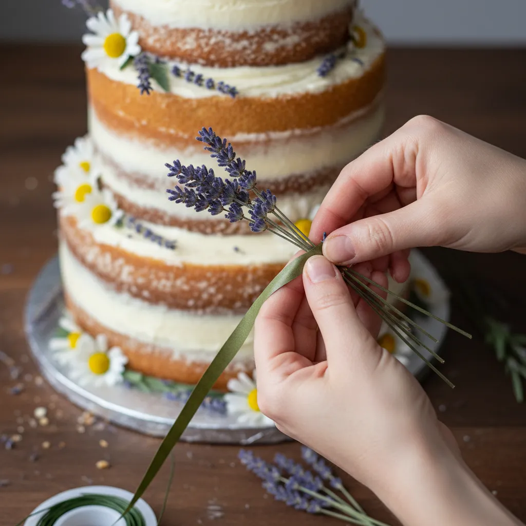 Baker wrapping lavender stems with floral tape for food safety