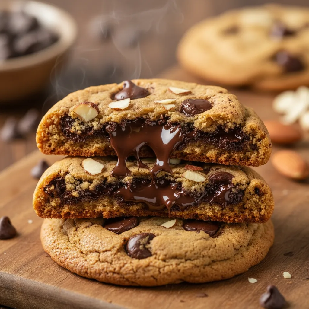 Gooey chocolate chip cookie broken in half showing melted chocolate