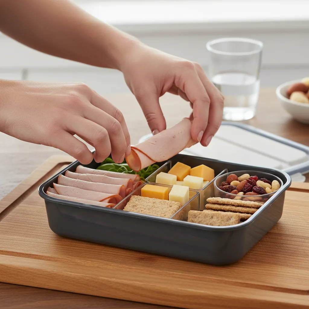 Packing a bento box with turkey, cheese, and fruit