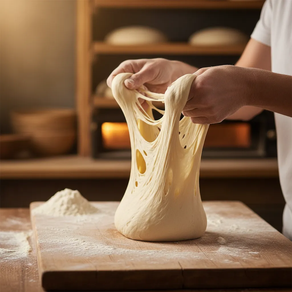 Hands stretching elastic dough on a wooden surface dusted with flour