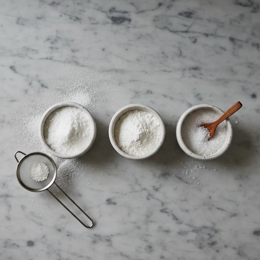 Small bowls of powdered sugar, cornstarch, and salt on a marble counter