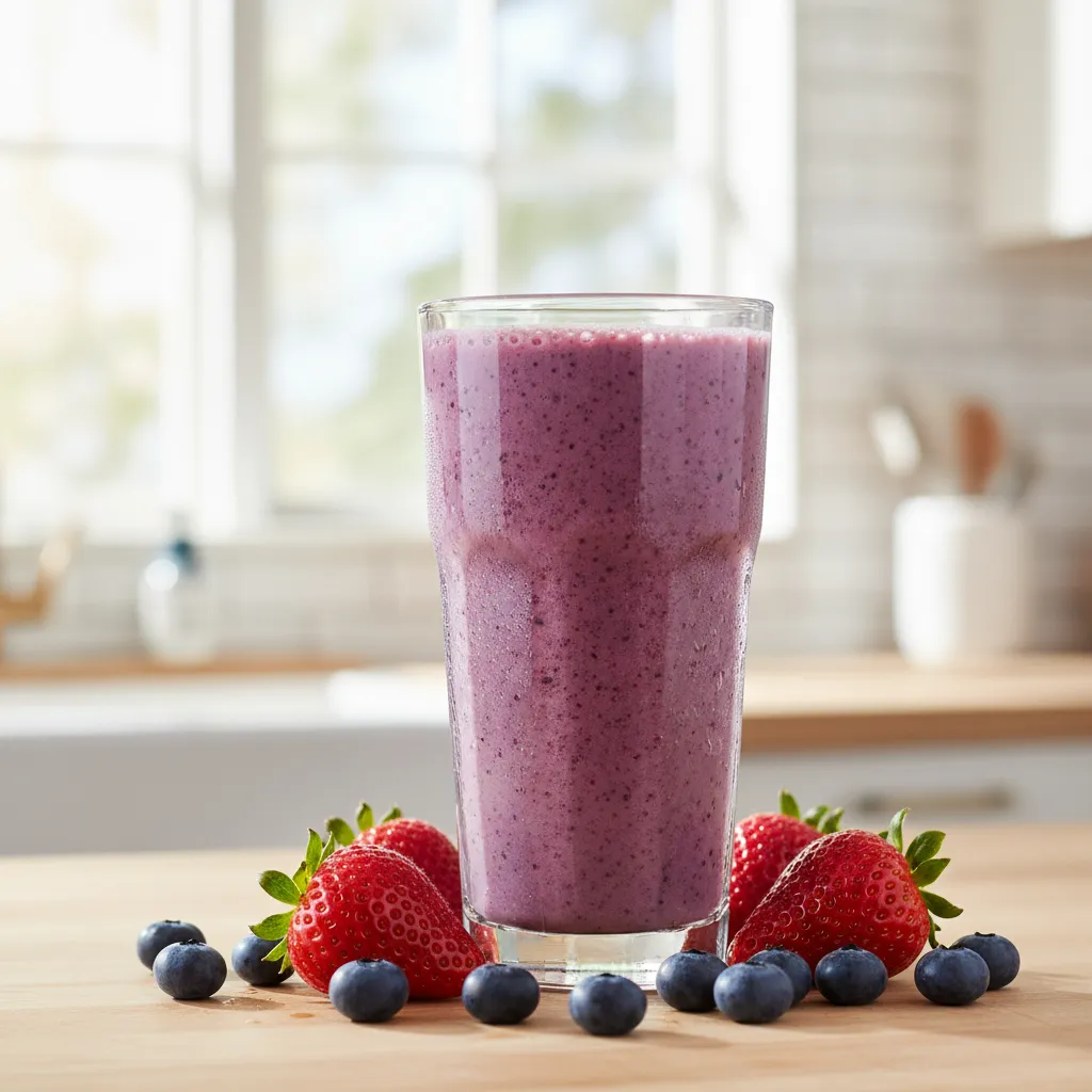 A vibrant purple berry and coconut water protein shake in a tall glass with fresh berries