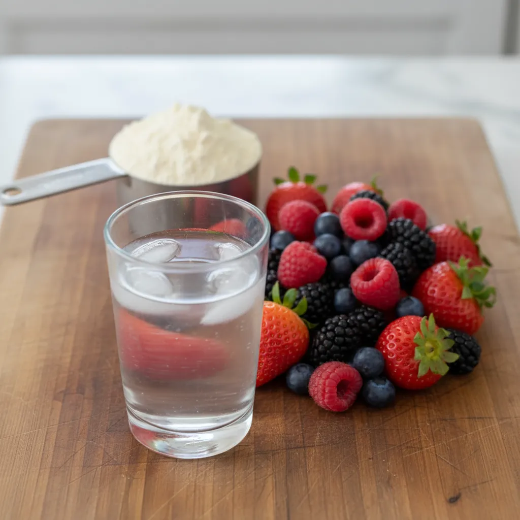 Ingredients for a berry protein shake including berries and coconut water