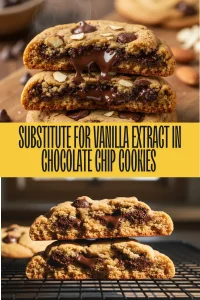 Gourmet chocolate chip cookies on a wooden table with maple syrup and bourbon substitutes.