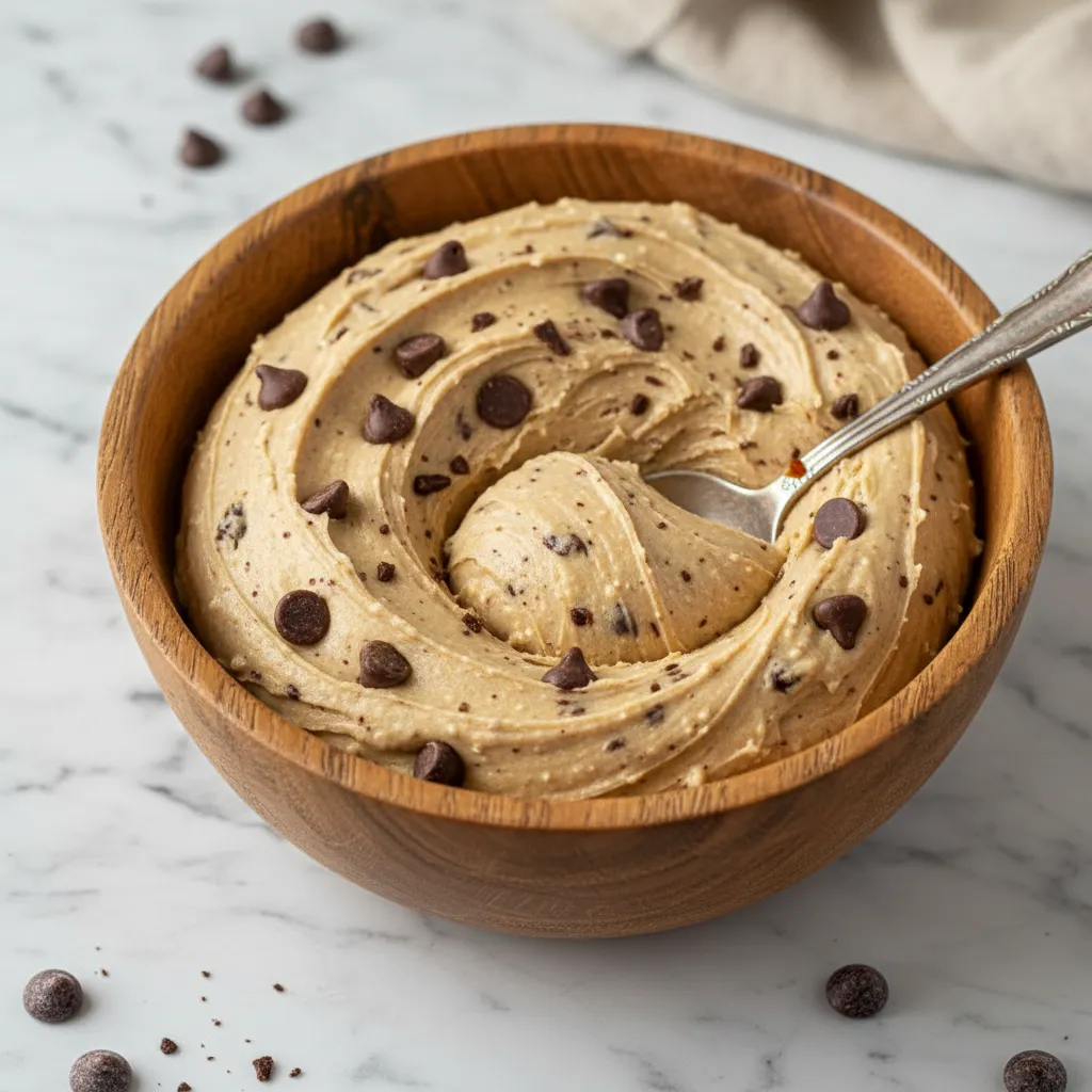 A scoop of high-protein cottage cheese chocolate chip cookie dough in a bowl