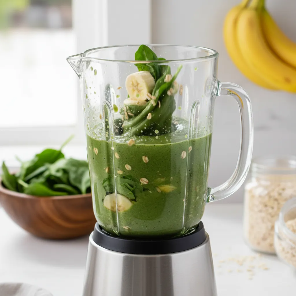 A high-speed blender mixing green smoothie ingredients