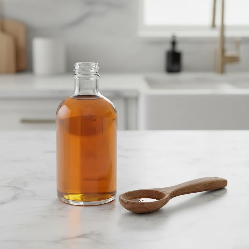 Almond extract in a glass bottle with measuring spoon on marble