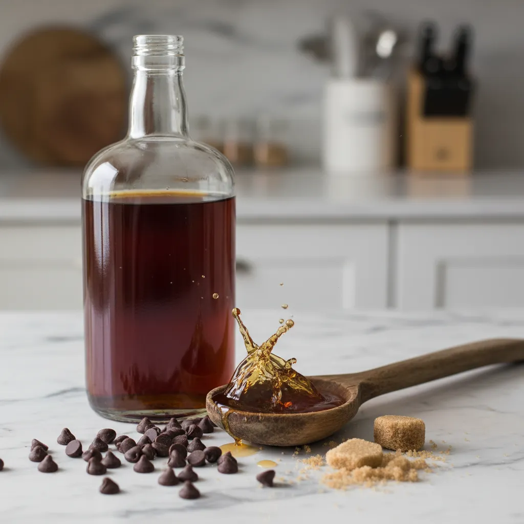 Bottle of dark rum next to chocolate chips and brown sugar as a baking substitute