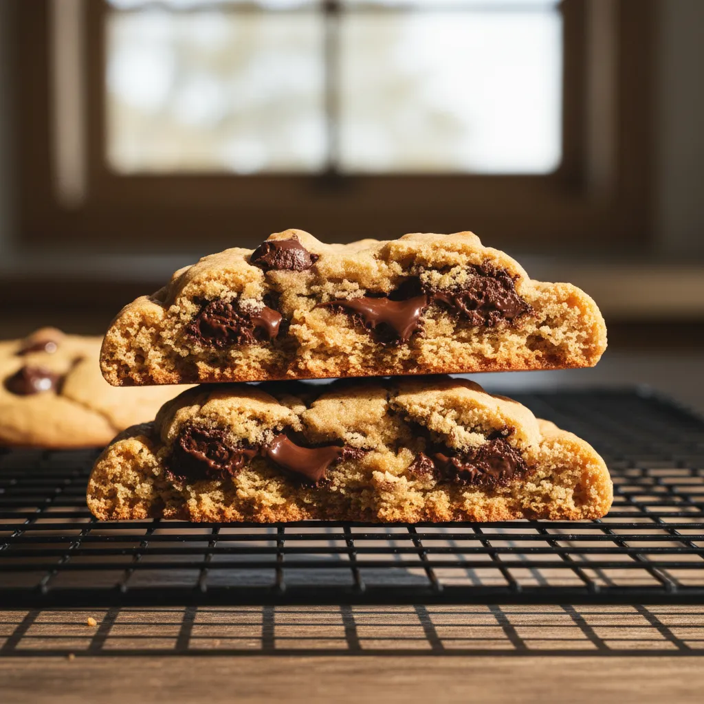 Close up of a chocolate chip cookie broken in half showing melted chocolate