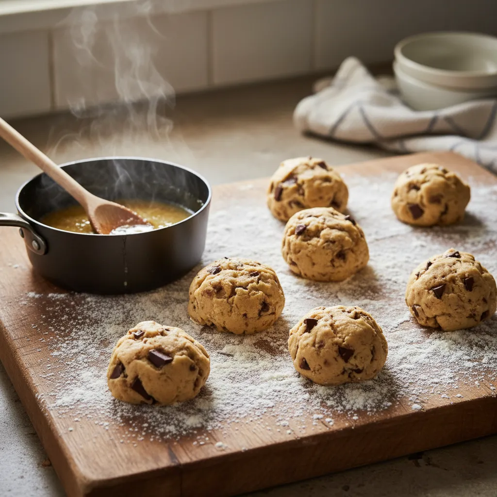 Raw chocolate chip cookie dough balls next to a pan of browned butter