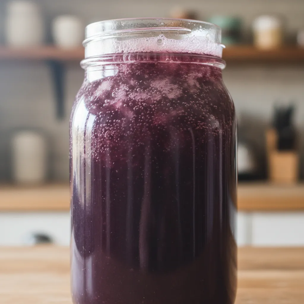 Close up of tiny bubbles rising in a mason jar of dark purple liquid