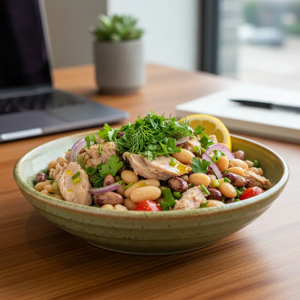 Freshly mixed canned tuna and white bean bowl served on an office desk
