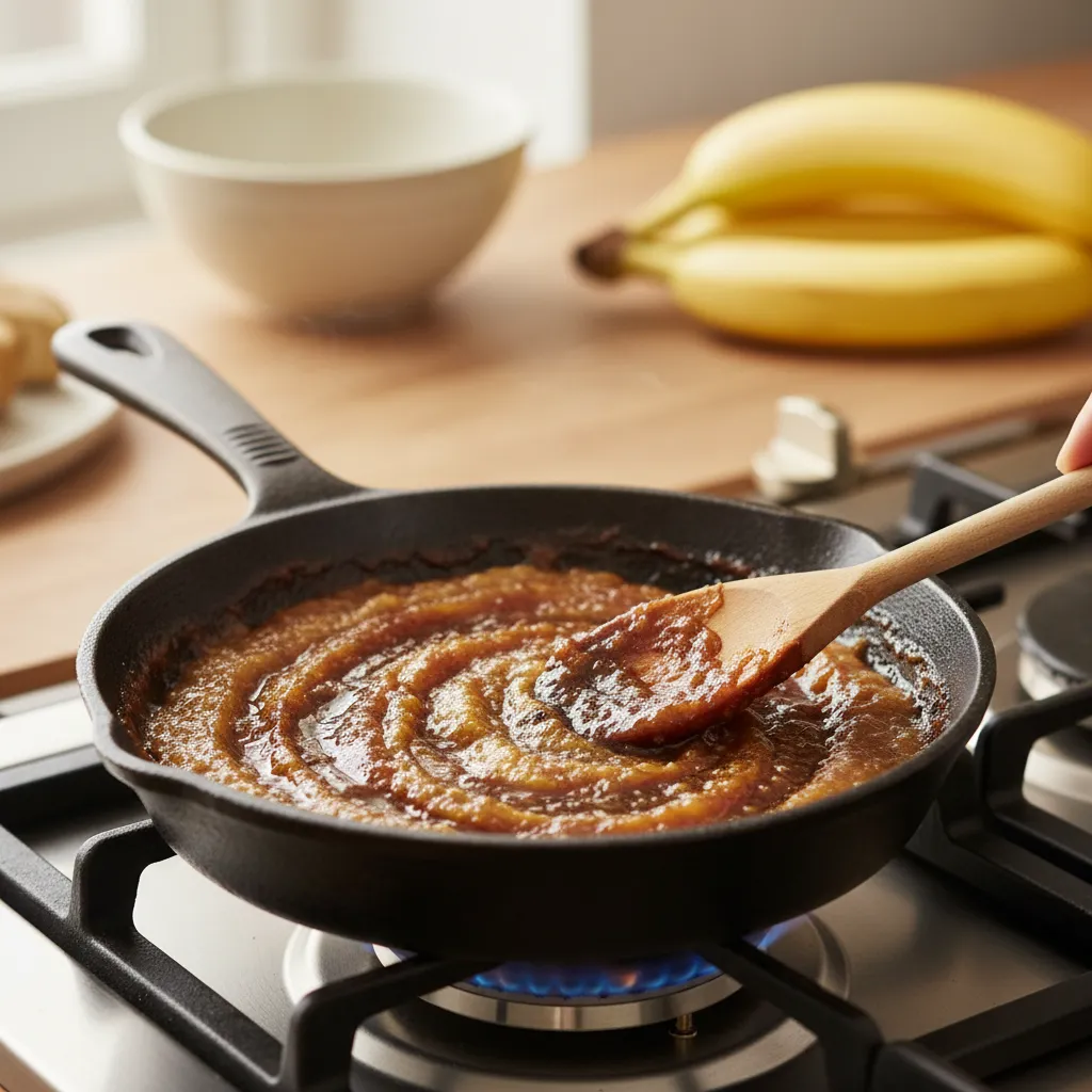 Mashed bananas cooking in a pan to reduce moisture