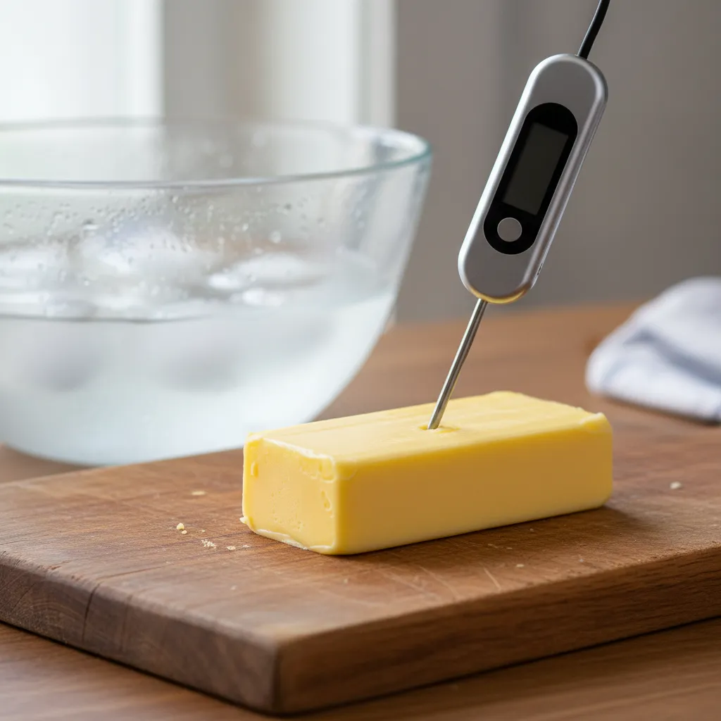 Using a digital kitchen thermometer to check the exact temperature of a stick of butter.