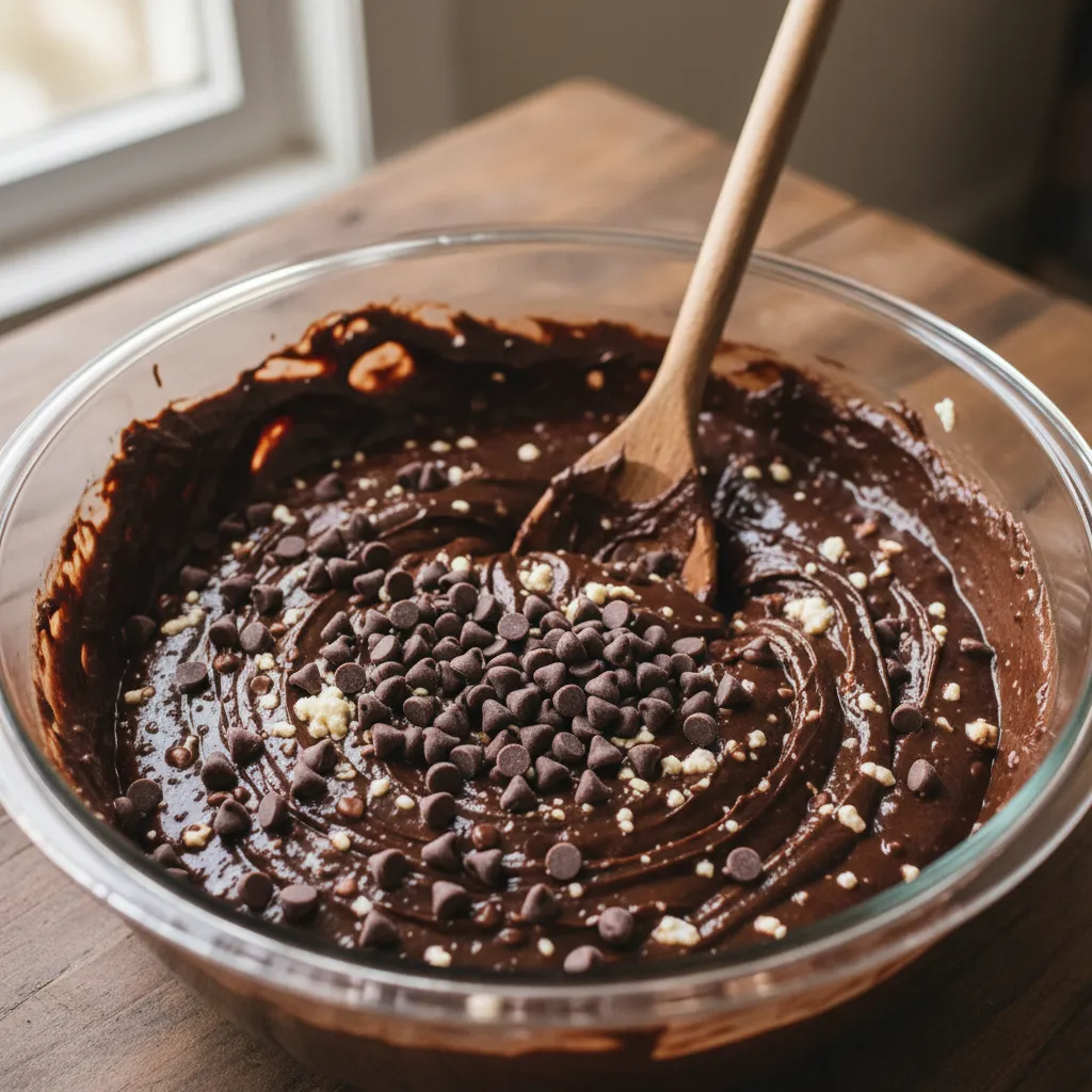 Bowl of dark chocolate high protein cottage cheese brownie batter with chocolate chips