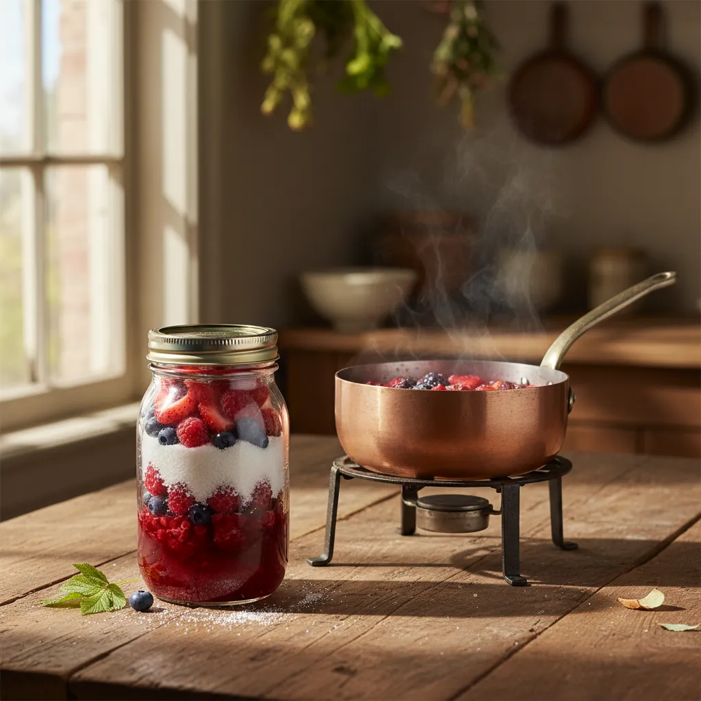 Comparison of cold macerated berries in a jar versus a hot fruit syrup simmering in a pan
