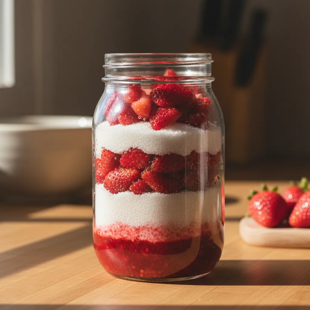 Glass jar containing sliced strawberries and sugar extracting vibrant juices for a shrub