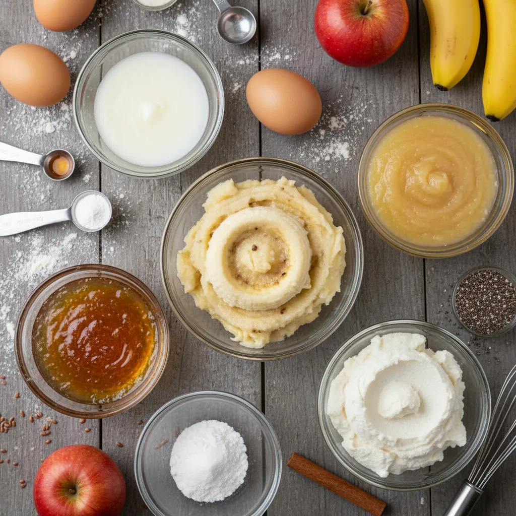 Various egg substitutes like mashed bananas and flaxseed mixture in small bowls