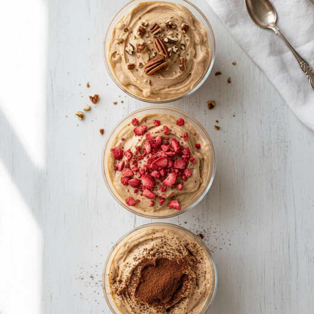 Three small bowls of edible cookie dough with different toppings