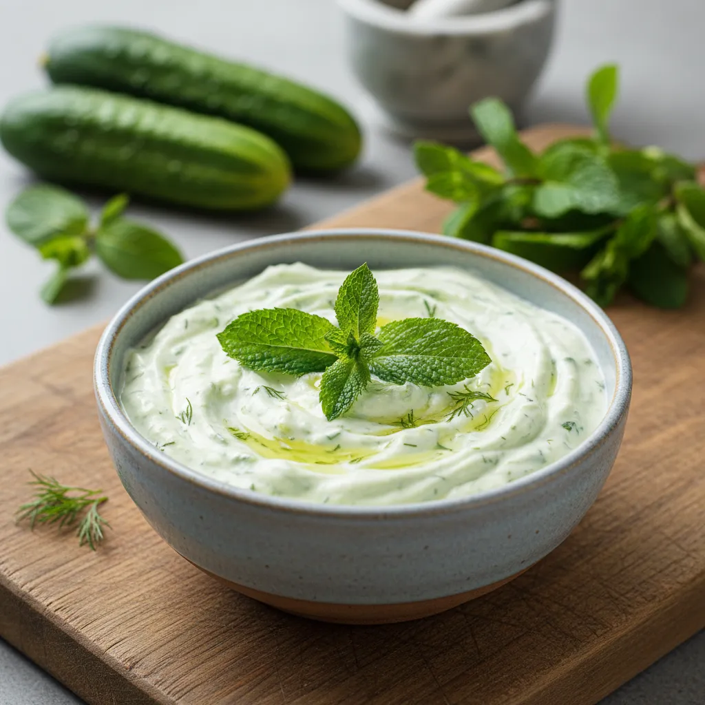 Creamy cucumber and mint raita served in a rustic ceramic bowl