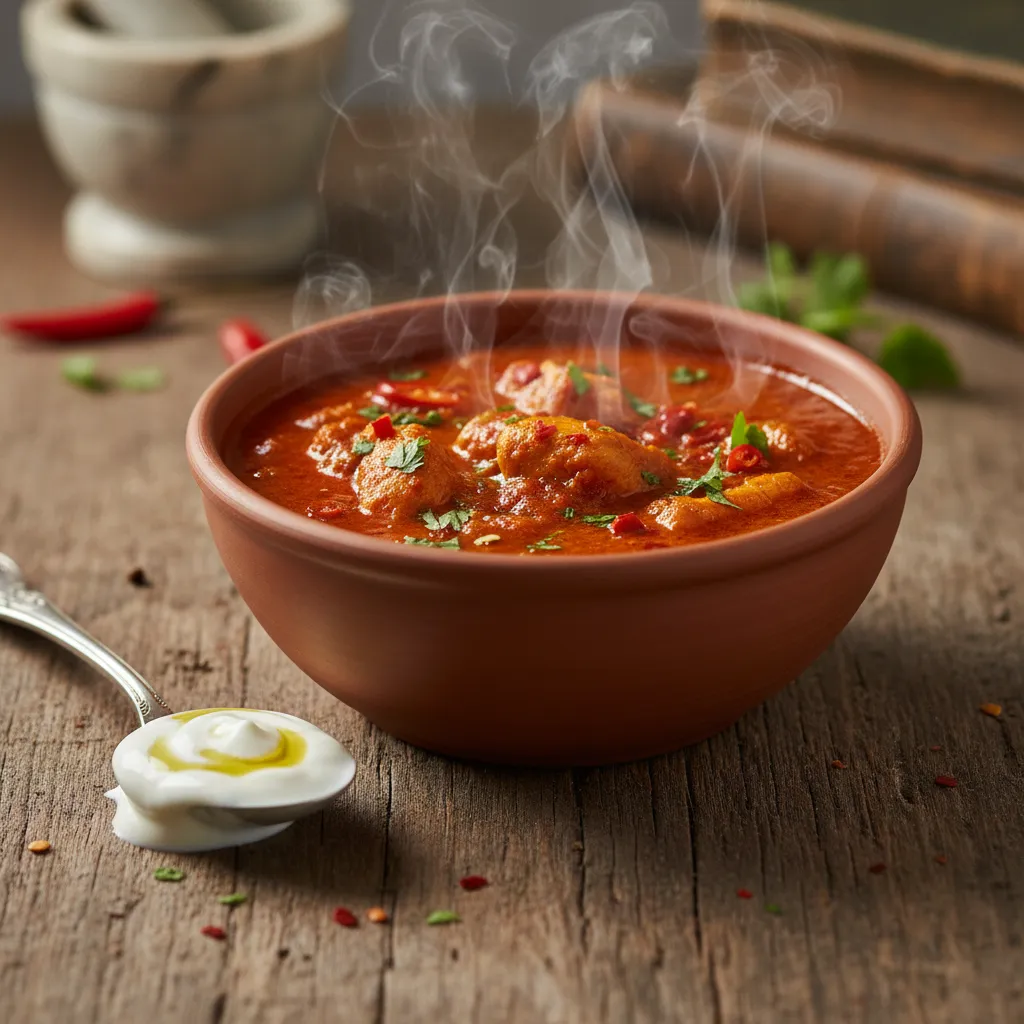 A bowl of spicy curry being balanced with a spoonful of creamy yogurt